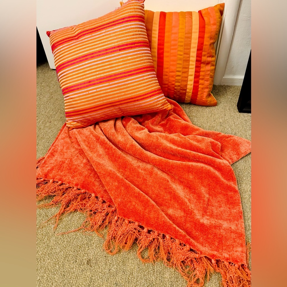 Cost Plus World Market Orange and Red Striped Pillow Set w/Soft Throw